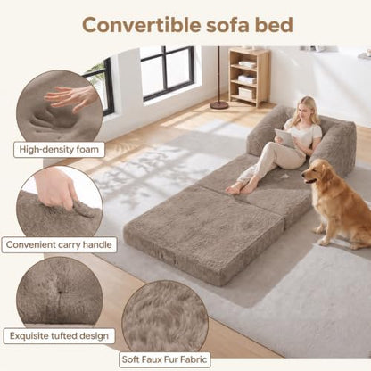 Boneless Chair Futon Sofa Bed,Convertible Sleeper Chair with Pull Out Handle,Fold Out Chair Bed Small Boneless Couch for Living Room, Guest Room,Bedroom,Brown