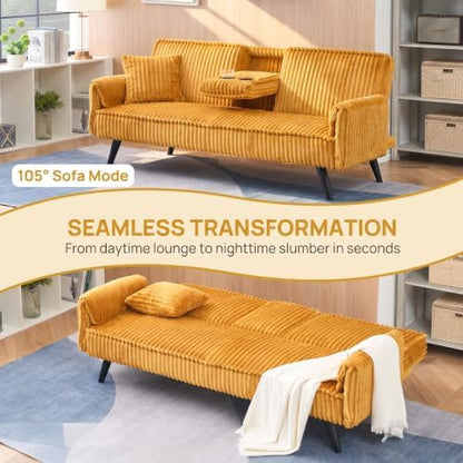 Corduroy Futon Sofa Bed, Convertible Couch with Cup Holders, Yellow