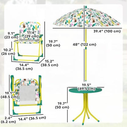 Qaba Kids Picnic Table and Chair Set Outdoor Monkey and Giraffe Green