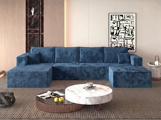 118" Modular Sectional Sofa with Chaise and Ottoman,Oversized U-Shaped Corduroy Cloud Couch,Deep Seat Boneless Couch for Living Room,No-Assembly,Blue (Left Facing Chaise)