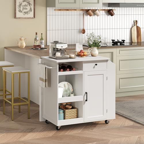 MAHANCRIS Kitchen Island with Power Outlet, Kitchen Storage Island with Drawer, Rolling Kitchen Cart on Wheels, Spice Rack, Towel Rack, Wine Rack, for Dining Room, White KIWT122E01