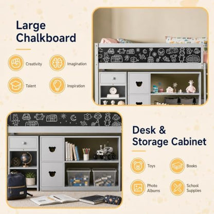 Low Loft Bed with Desk, Twin Size Solid Wood Bed Frame w/Storage Bookshelf & Blackboard, Full Guardrail, Ladder, No Box Spring Needed for Kids Teen, Easy Assembly (Grey)