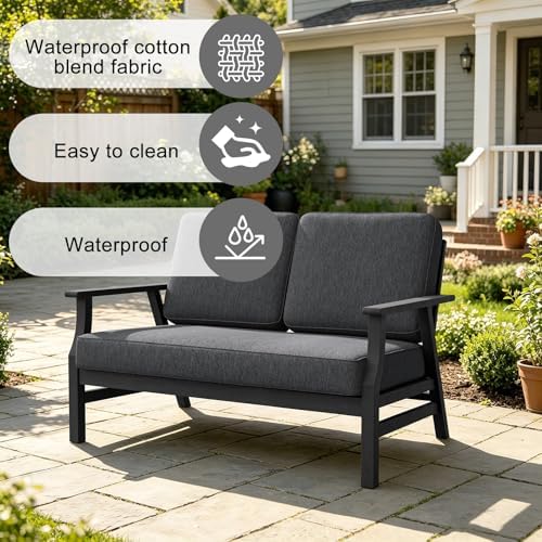Pia Ricoo Outdoor Premium Teak Wood Loveseat with Armrests, All‑Weather Outdoor Furniture for Backyard, Deck, Lawn, Dark/Dark