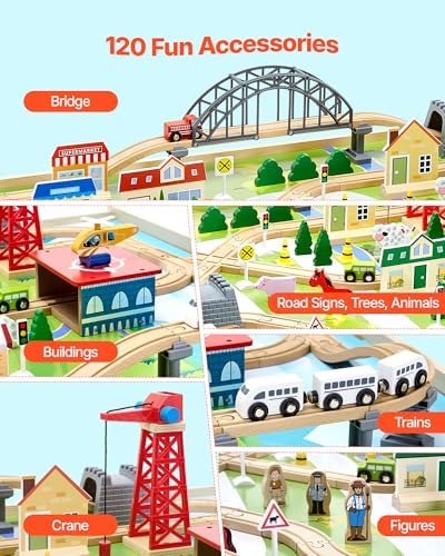 VEVOR Train Table, 120 Multicolor Pieces Wooden Kids Activity Table with Collapsible Storage Bin, 3-in-1 Wooden Train Set for Gaming, Drawing, Reading, Eating, Creative Toy Set for Kids Ages 3+