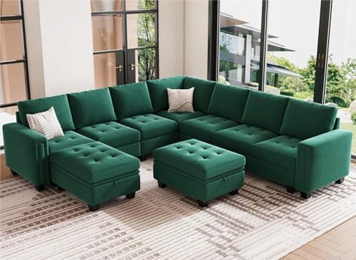 Belffin Modular Sectional Sofa U Shaped Sectional Couch with Storage Ottoman Velvet 9-Seater Convertible Sectional Sofa with Chaises Green