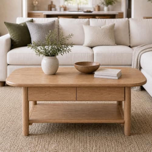 100% Solid Oak Wood Coffee Table with Storage for Living Room, 47.24"W