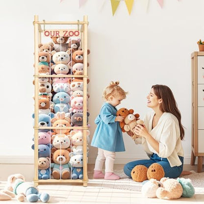 Stuffed Animal Storage - Tall Natural Pine Wood Toy Organizer with Elastic Cords & Shelf, Space-Saving Plushie Playhouse for Nursery, Playroom, Kids Bedroom - Easy Assembly