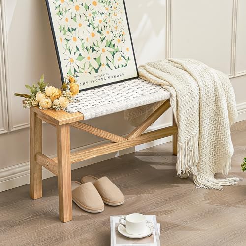 Solid Wood Narrow Bench, 33.46" Woven Bench for Entryway and Hallway, End of Bed Bench with Oak Frame, Boho Accent Bench - 500lbs Capacity (Natural Beige)