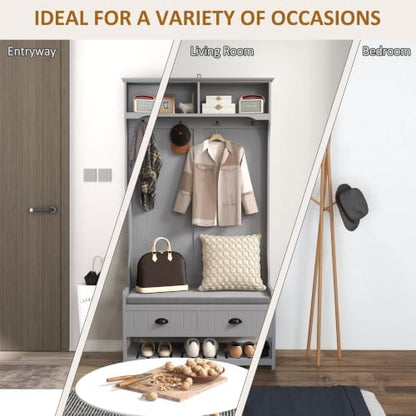 HOMCOM 3-in-1 Hall Tree Entryway Bench Coat Rack 2 Storage Drawers, Gray