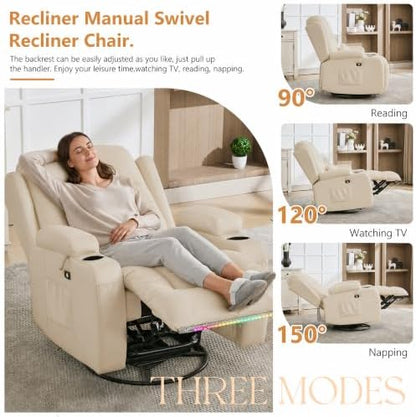 URRED Swivel Rocker Recliner Chair with LED Ambient Lights for Adults，Ivory