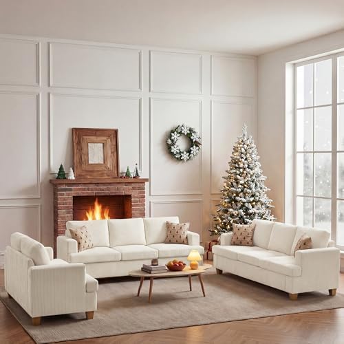 Apicizon 3 Piece Sofa Set 89'' 3-Seat Couch Sofa with Loveseat, Set of 3 Corduroy Couches for Living Room, Modern Lounge Sofa Couches for Apartment Lounge, White Corduroy Living Room Set