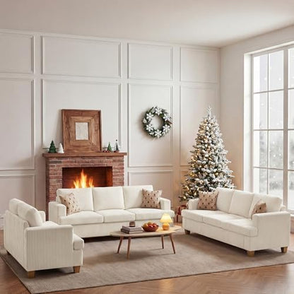 Apicizon 3 Piece Sofa Set 89'' 3-Seat Couch Sofa with Loveseat, Set of 3 Corduroy Couches for Living Room, Modern Lounge Sofa Couches for Apartment Lounge, White Corduroy Living Room Set