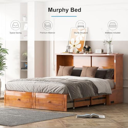 PUREMIND Queen Murphy Bed with Mattress, Hideaway Cabinet Beds with 2 Storage Drawers & Charging Station, Space-Saving Square Shape Murphy Bed Cabinet for Guest Rooms, Cherry
