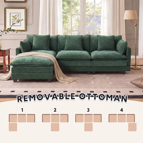 Modern 102" L Shaped Sectional Sofa Cloud Couch, Comfy Chenille Modern Modular Sleeper Sofa, Upholstery Sofa with Ottoman & Memory Foam for Living Room, Green