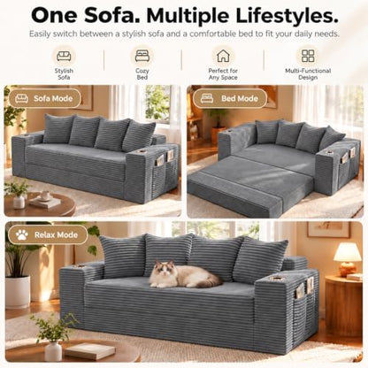77" Convertible Sofa Bed, Boneless Pull-Out Sleeper Couch, Grey