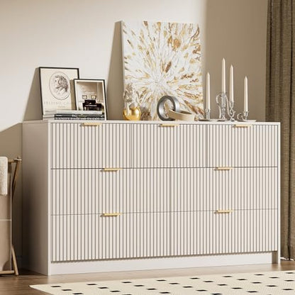 Beige 7 Drawer Dresser for Bedroom, 55.1" Wide Fluted Wood Dresser