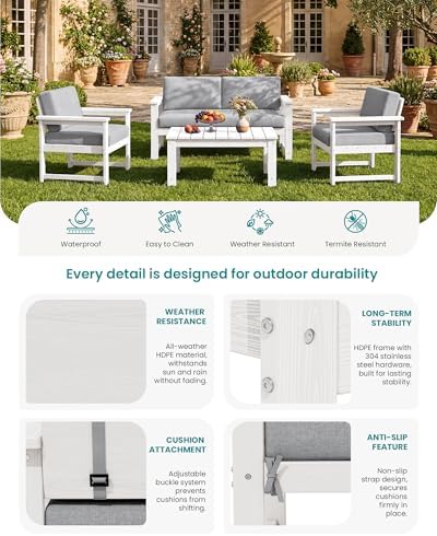 SERWALL HDPE Outdoor Loveseat with Cushion, Outdoor Sectional Furniture Set