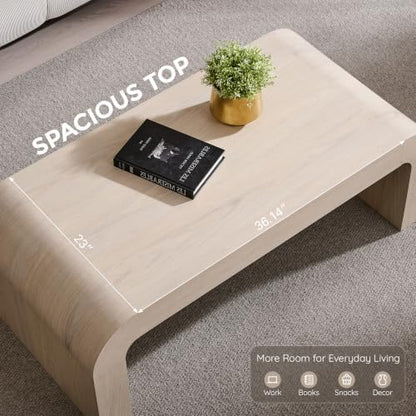 48" Modern Curved Coffee Table, Wood Minimalist Center Table, Cream