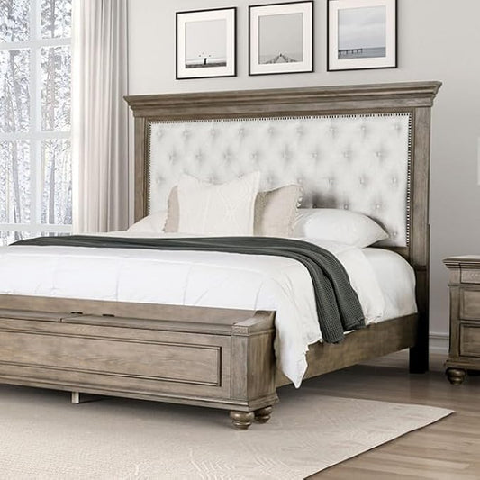 First of a Kind Philomath 4 Piece Queen Size Bedroom Furniture Set in Aged Oak - Transitional Upholstered Button Tufted Bed with Nail Head Trim Bedroom Collection