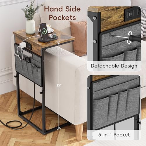 Vagusicc C-Shaped End Table with Charging Station, Small Side Table for Couch, 33" Tall C Table Adjustable Height Side Table, Couch Tables that Slide Under, Sofa Table TV Tray for Living Room, Brown