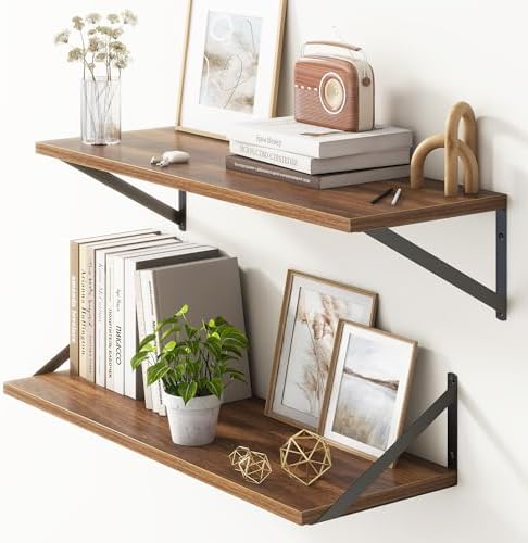10 Inch Deep Floating Shelves, Walnut Floating Shelves 30 Inch Long, Rustic Wood Wall Shelves 30"W x 10"D, Deep Floating Shelf with Bracket, Wide Storage Shelves for Books, Living Room, Bathroom