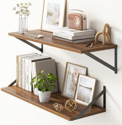 10 Inch Deep Floating Shelves, Walnut Floating Shelves 30 Inch Long, Rustic Wood Wall Shelves 30"W x 10"D, Deep Floating Shelf with Bracket, Wide Storage Shelves for Books, Living Room, Bathroom