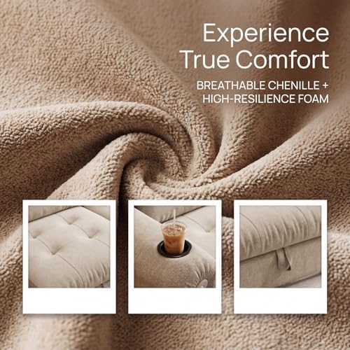 Convertible Couches, Queen Size Pull Out Sofa Bed with USB Charging Port and Cup Holders, Plannelette Fabric Convertible Sofa Bed for Small Space, Living Room, Apartment, Guest Room, Beige