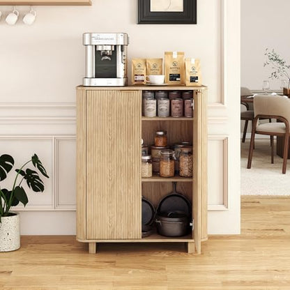 Fluted Entryway Shoe Storage Cabinet with Doors, 5 Tier 39'' Tall Freestanding Modern Shoe Rack Organizer Cabinet with 3 Adjustable Shelves for Hallway, Foyer, Entrance, MDF - Natural