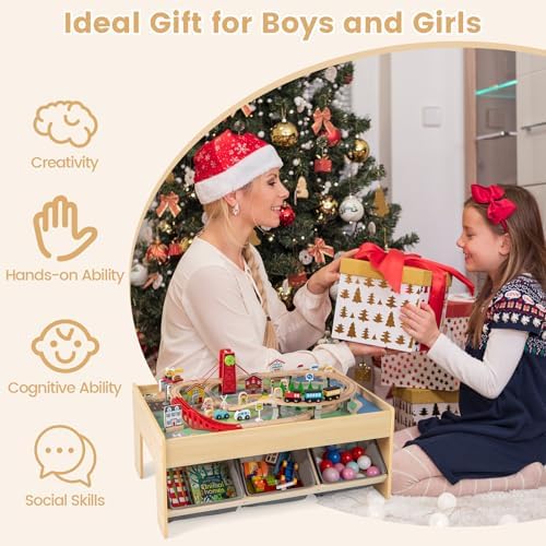 Costzon Train Table, 3-in-1 Wooden Activity Table W/ 3 Storage Bins (Gray)