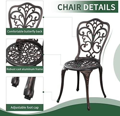 3 Piece Patio Set Outdoor Bistro Set,Cast Aluminum Bistro Table and Chairs Set of 2 with Umbrella Hole,All Weather Patio Bistro Sets for Front Porch Set Garden,Backyard(Brown)