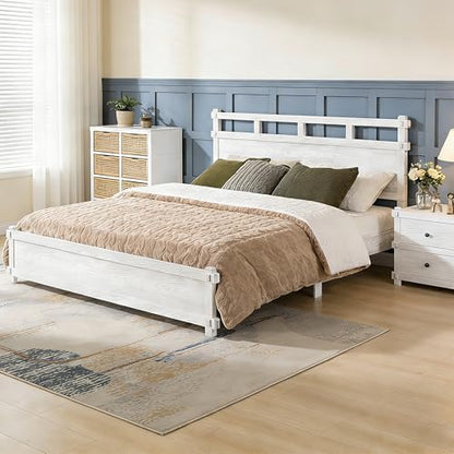 Merax California King Modern Farmhouse Wood Grain Bed Frame (Antique White)