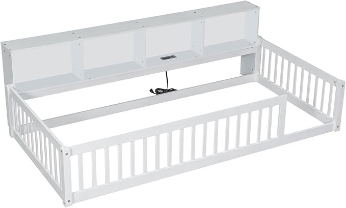 Bellemave Kids Montessori Floor Bed Twin XL Size,Floor Bed Frame with Bookcase and Charging Station for Kids Boys Girls,White