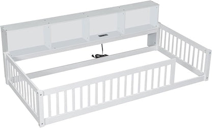 Bellemave Kids Montessori Floor Bed Twin XL Size,Floor Bed Frame with Bookcase and Charging Station for Kids Boys Girls,White