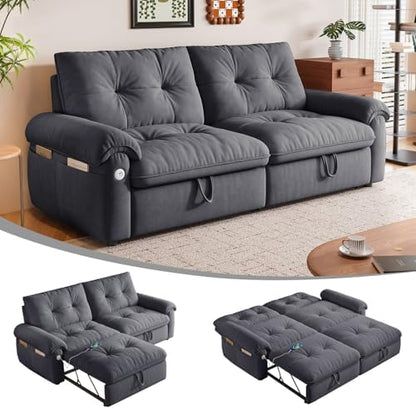 77" Queen Size Sofa Bed, 3-in-1 Convertible Sleeper Sofa Bed with Adjustable Backrest, Modern Velvet Couch with Side Pocket and USB Ports, for Living Rooms, Bedrooms, Small Spaces (Grey, 77.2inch)