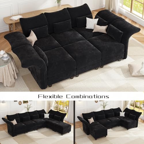 LLappuil 102 Inch Modular Sectional Sofa with Storage, 6 Piece Deep Sleeper Sectional Couches for Living Room with Adjustable Armrest Backrest, Black Chenille