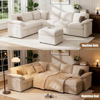 L Sleeper Sofa 109" Modular Sectional Sofa with Pull Out Bed, Beige