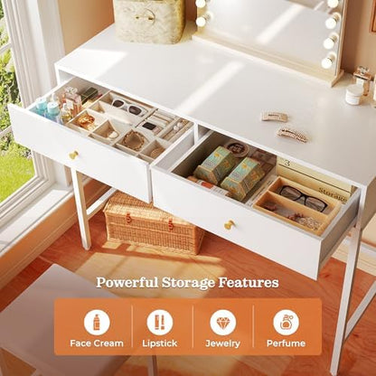 SUPERJARE 35.4" White Desk with 2 Drawers, Modern Makeup Vanity