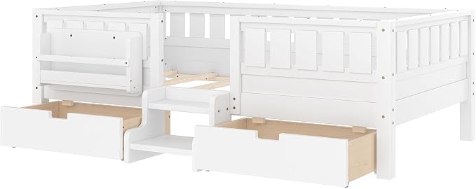 Bellemave Twin Bed with Storage Drawers & Bookshelf, Low Profile Kids Bed Frame with Staircase & Full Length Guardrails, Solid Wood Twin Bed for Kids with Slats Load 300LBS, Easy Assembly, White