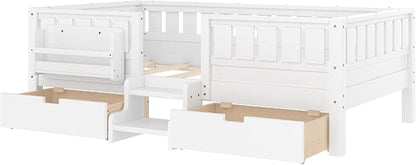 Bellemave Twin Bed with Storage Drawers & Bookshelf, Low Profile Kids Bed Frame with Staircase & Full Length Guardrails, Solid Wood Twin Bed for Kids with Slats Load 300LBS, Easy Assembly, White