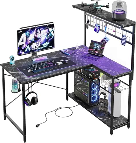Bestier 42 Corner Computer Desk with Power Outlets LED Lights, Black Marble