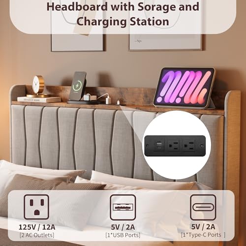 Floating Bed Frame King with Storage Headboard, LED Lights & USB Charging