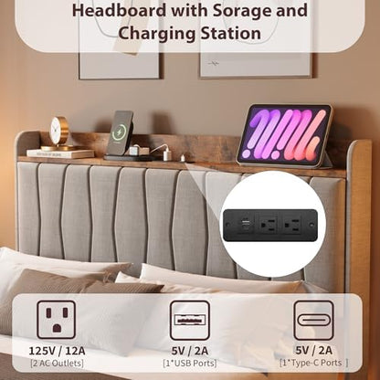 Floating Bed Frame King with Storage Headboard, LED Lights & USB Charging