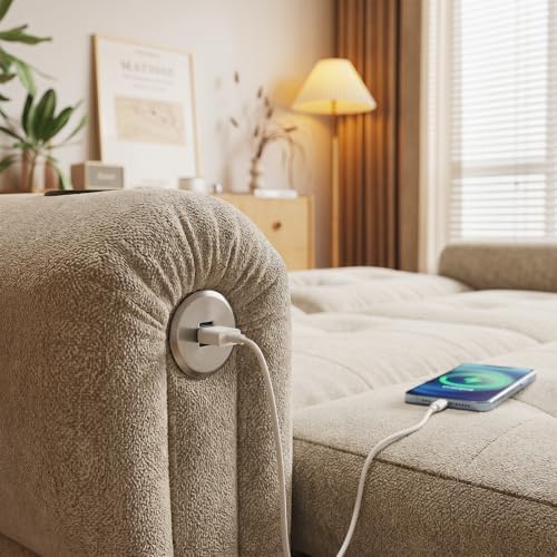 Convertible Couches, Queen Size Pull Out Sofa Bed with USB Charging Port and Cup Holders, Plannelette Fabric Convertible Sofa Bed for Small Space, Living Room, Apartment, Guest Room, Beige
