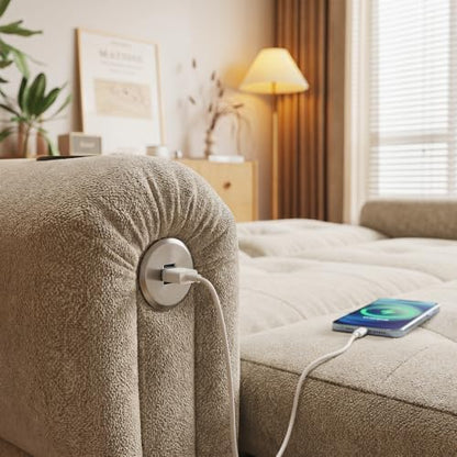 Convertible Couches, Queen Size Pull Out Sofa Bed with USB Charging Port and Cup Holders, Plannelette Fabric Convertible Sofa Bed for Small Space, Living Room, Apartment, Guest Room, Beige