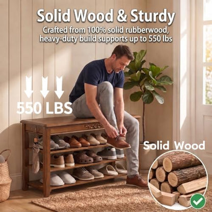 Shoe Rack Bench with Storage 3 Tier Solid Wood Entryway Shoe Rack 31.5"