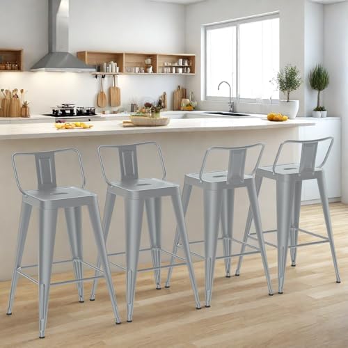 26”Metal Bar Stools Set of 4, Counter Height Stools with Removable Back, Silver Barstools for Kitchen Island