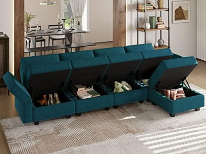 Belffin L-Shaped Sofa with Storage Seat Fabric Modular Sectional Couch Reversible Chaise L Couch Sectionnal Sofa Peacock Blue