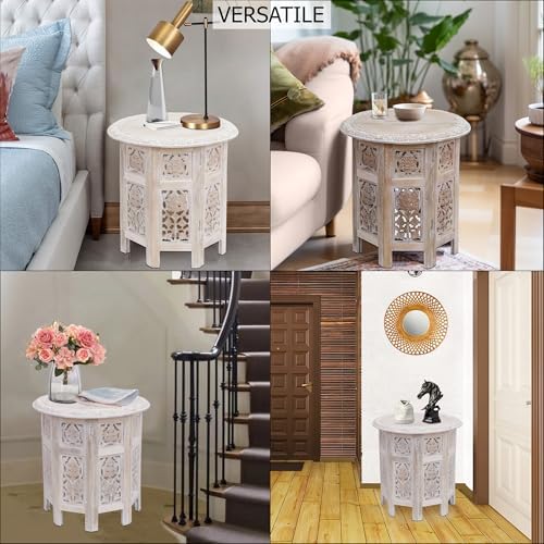 COTTON CRAFT Solid Wood End Table - Hand Carved Folding Accent Side Table