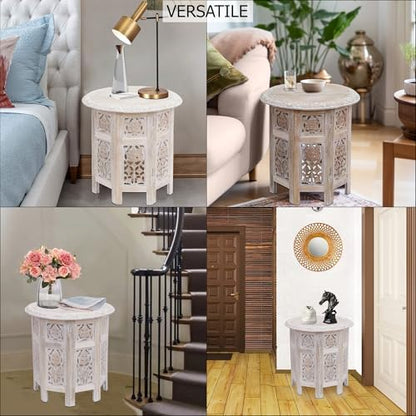 COTTON CRAFT Solid Wood End Table - Hand Carved Folding Accent Side Table