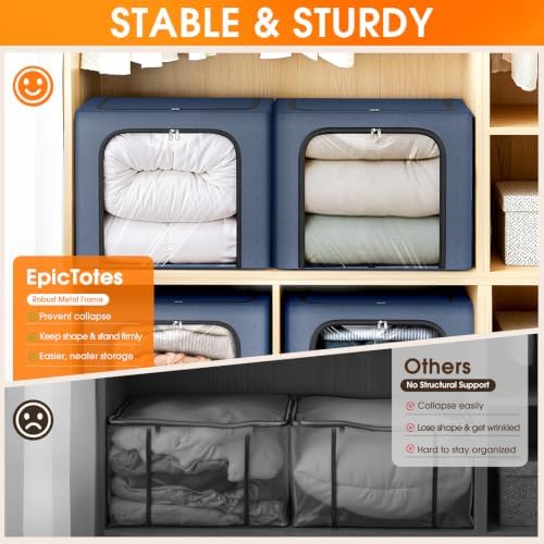 6 Pack Clothes Storage Bins with Metal Frame, Navy Blue, 40L